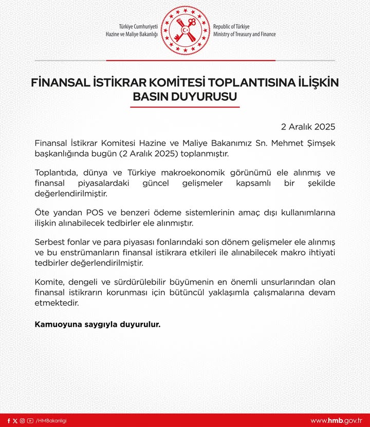 T.C. Hazine ve Maliye Bakanlığı'ndan Finansal İstikrar Komitesi Toplantısı Açıklaması