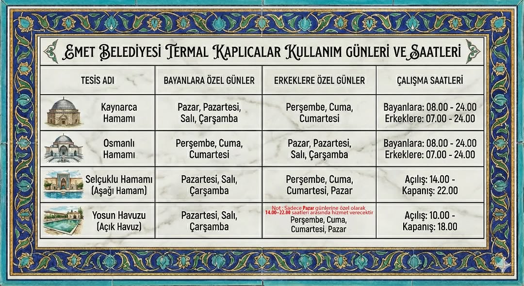 Emet Belediyesi Termal Kaplıcalar Kullanım Günleri ve Saatleri