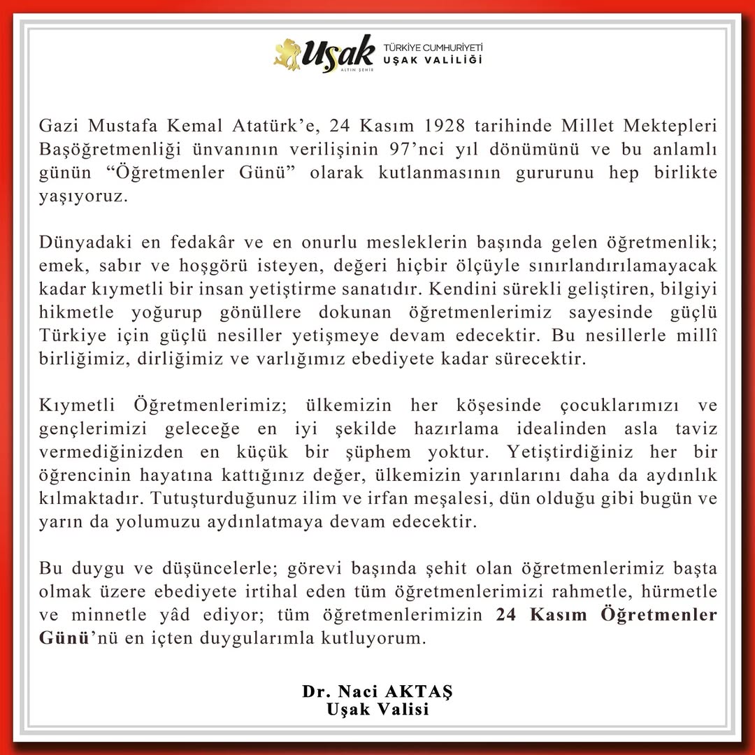 Valimiz Dr. Naci Aktaş’ın 24 Kasım Öğretmenler Günü Mesajı