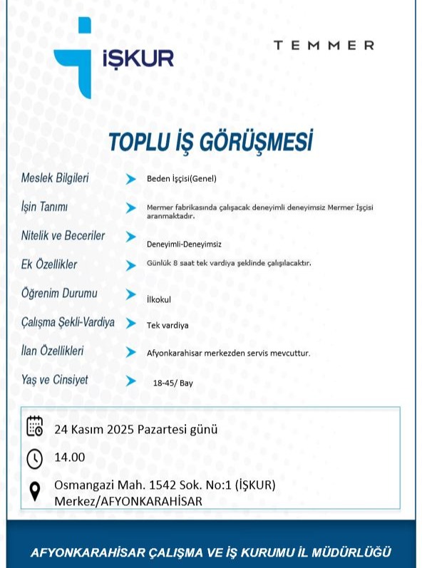 TEMMER Mermer Madencilik İnşaat San. Ve Tic. A.Ş. Beden İşçisi Personel Alımı