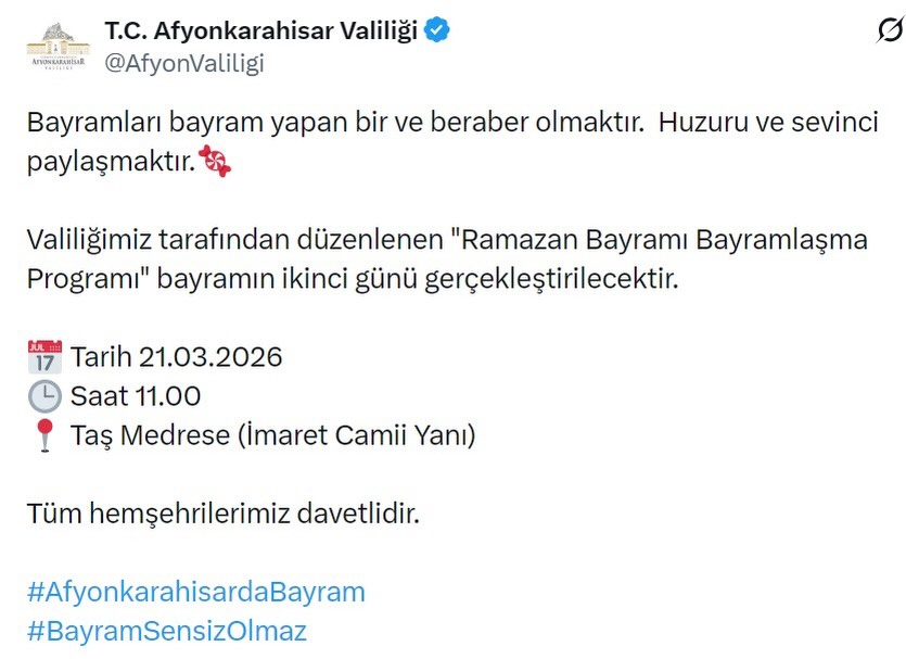 Afyonkarahisar Valiliği'nden Bayramlaşma Programı Duyurusu