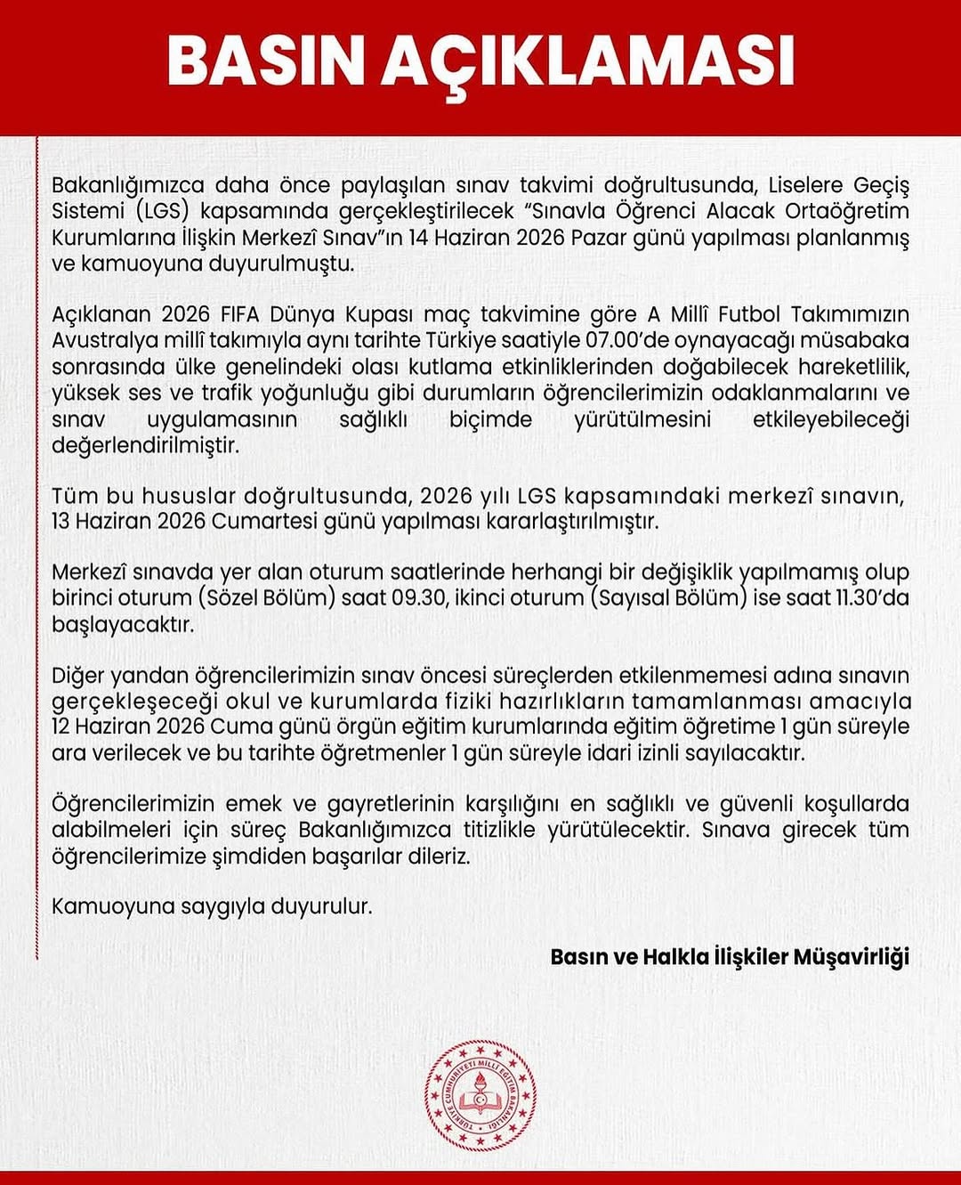 Afyonkarahisar İl Milli Eğitim Müdürlüğü'nden LGS Sınav Tarihi Açıklaması