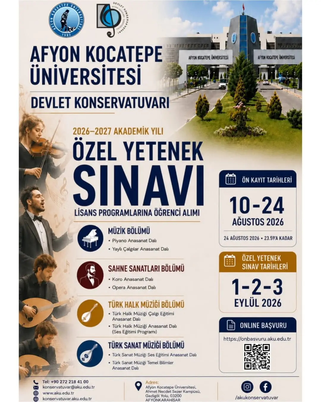 Afyon Kocatepe Üniversitesi Devlet Konservatuvarı 2026-2027 Özel Yetenek Sınavı Duyurusu