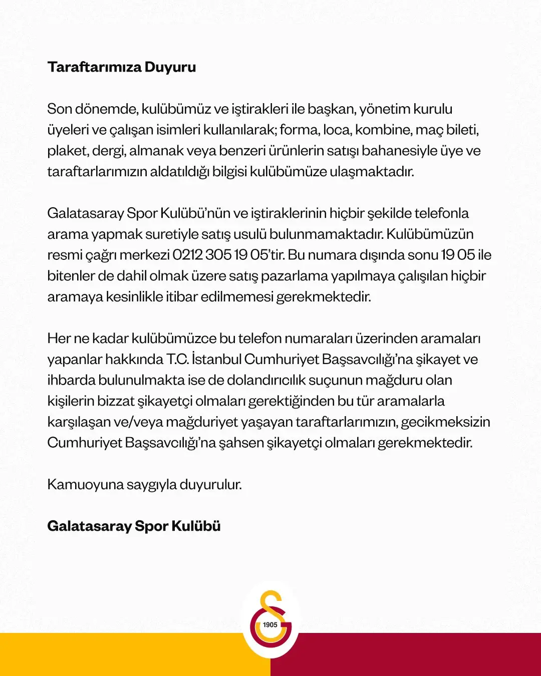 Galatasaray Spor Kulübü'nden Taraftarlara Önemli Duyuru