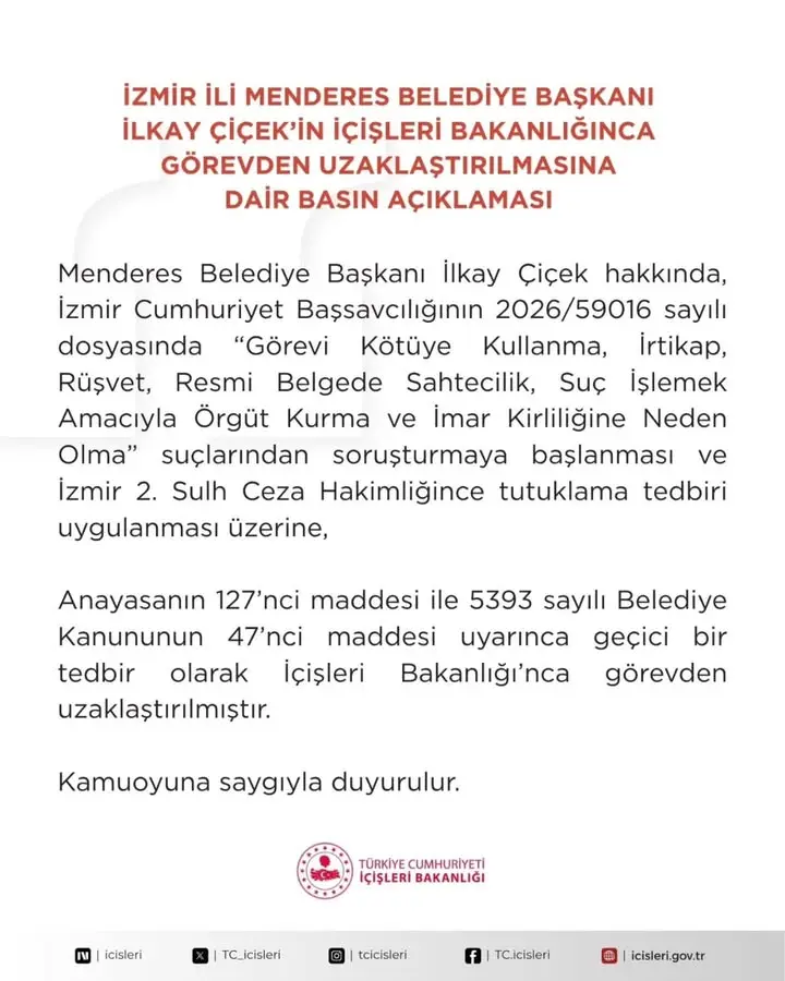 İçişleri Bakanlığı İzmir İl Menderes Belediye Başkanı İlkay Çiçek'i Görevden Uzaklaştırdı