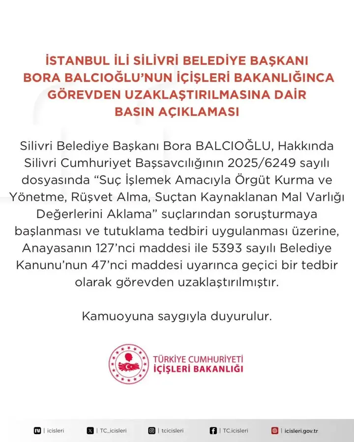 İstanbul Silivri Belediye Başkanı Bora Balcıoğlu'nun İçişleri Bakanlığınca Görevden Uzaklaştırılmasına İlişkin Açıklama