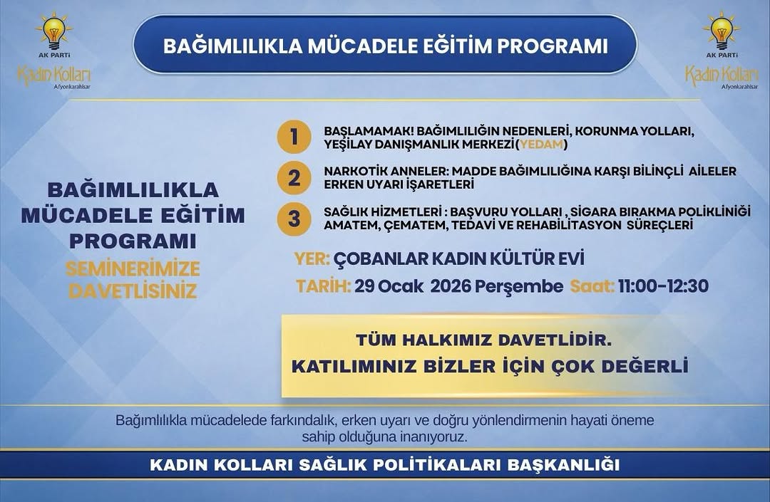 Ak Parti İl Kadın Kolları Başkanlığından Bağımlılıkla Mücadele Eğitim Programı Duyurusu
