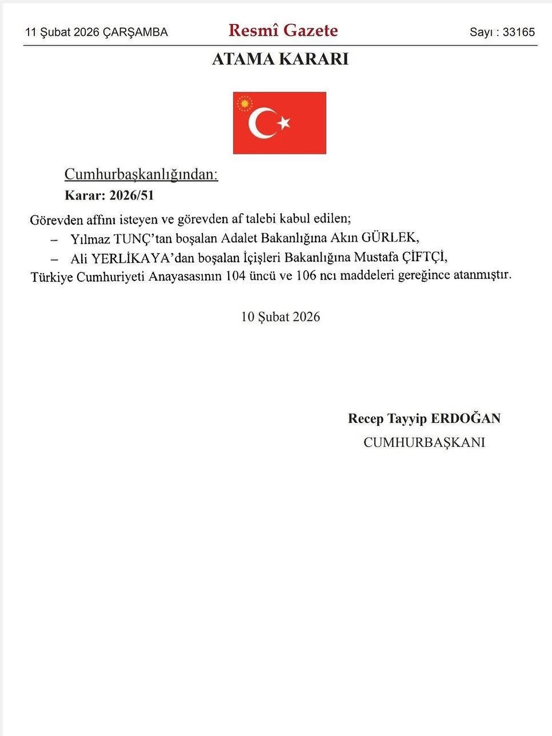 Cumhurbaşkanı Erdoğan'ın Atamasıyla İçişleri ve Adalet Bakanları Değişti