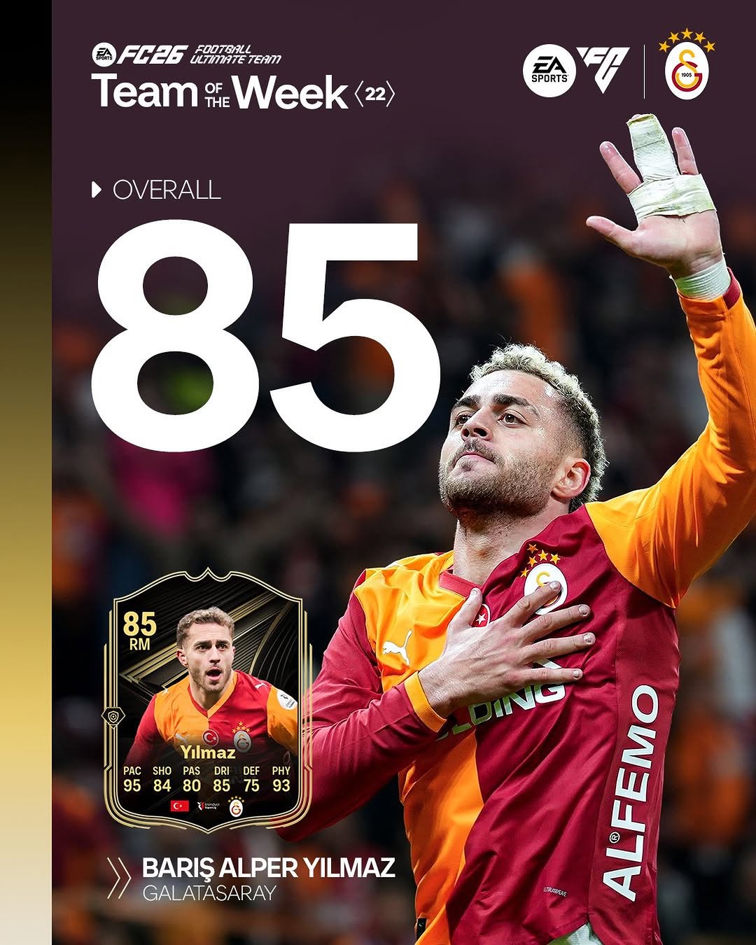 Galatasaray Futbolcusu Barış Alper Yılmaz, EA Sports FC'nin 22. Hafta Kadrosunda!
