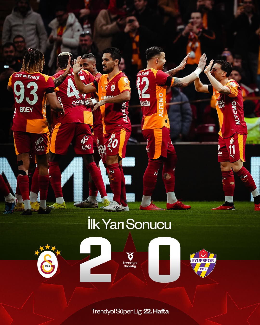 Galatasaray, İlk Yarıyı 2-0 Önde Kapattı: Maç Sonucu Galatasaray 2-0 İkaz Eyüpspor