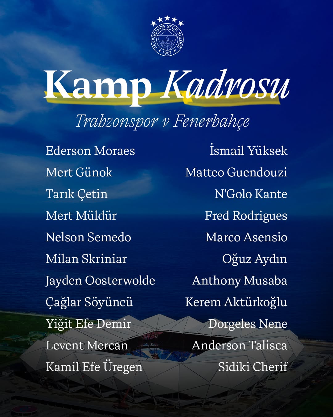 Fenerbahçe Spor Kulübü Trabzonspor Maçı Kamp Kadrosunu Açıkladı