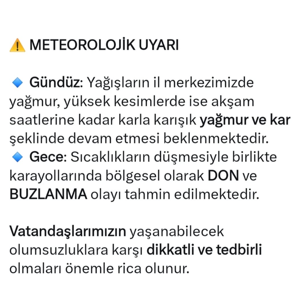 Afyonkarahisar Valiliği'nden Meteorolojik Uyarı