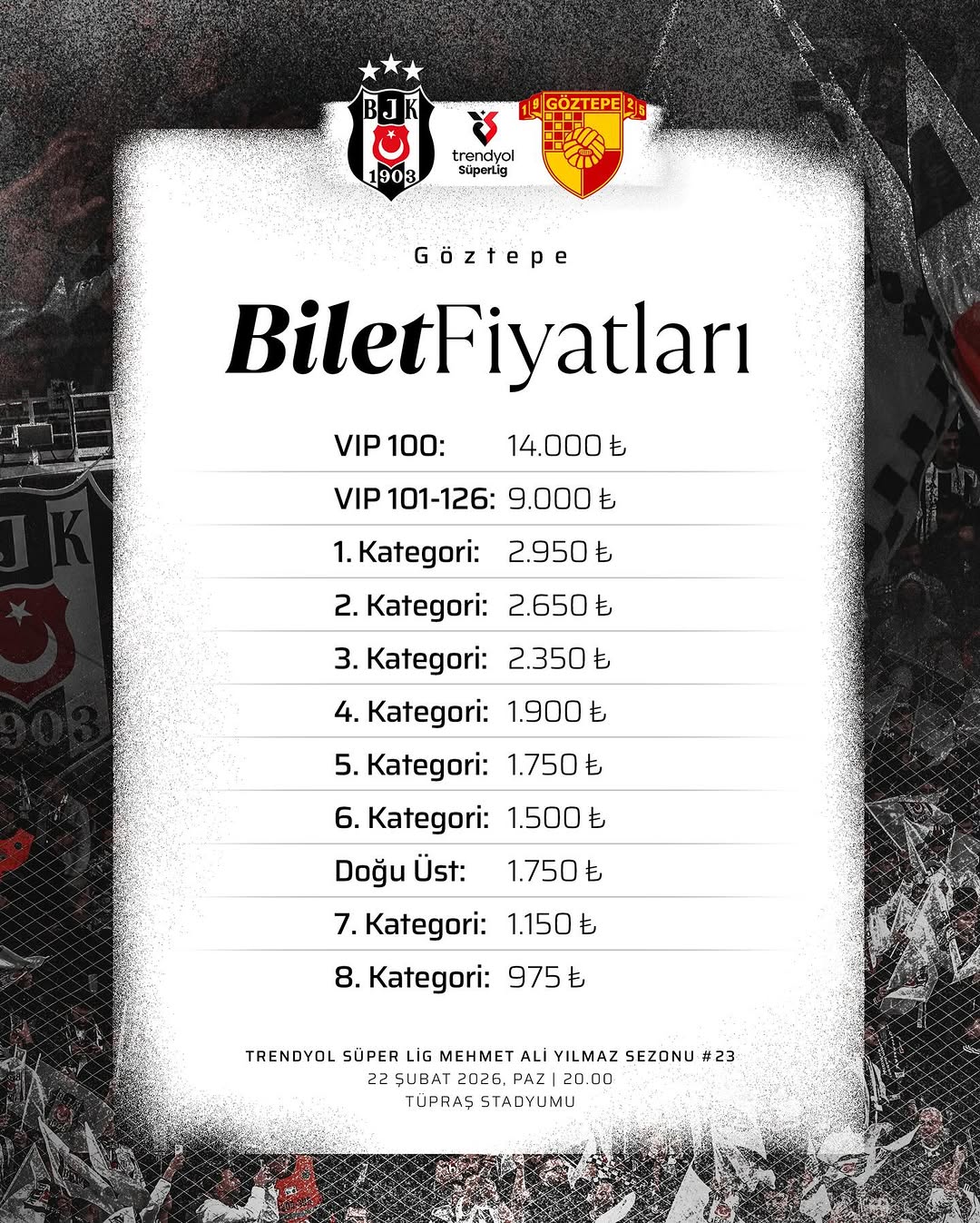 Beşiktaş'ın Göztepe Maçı Bilet Fiyatları ve Satış Bilgileri
