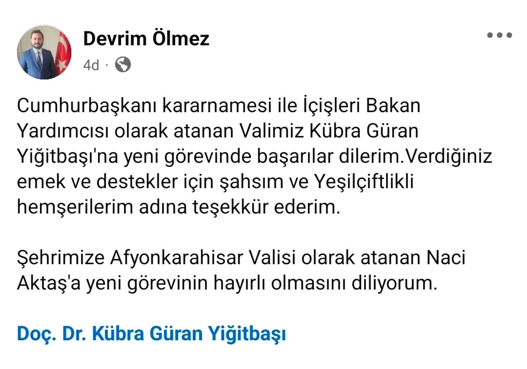 YeşilÇiftlik Belediye Başkanı Devrim Ölmez'den Vali Kübra Güran Yiğitbaşı'na Tebrik Mesajı