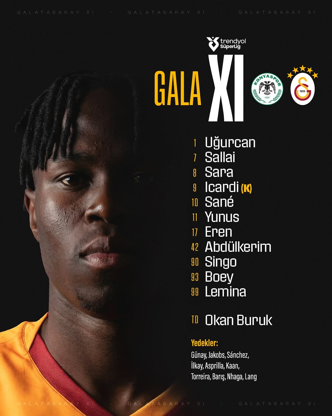 Galatasaray, T. Konyaspor Maçı İlk 11'ini ve Yedeklerini Açıkladı