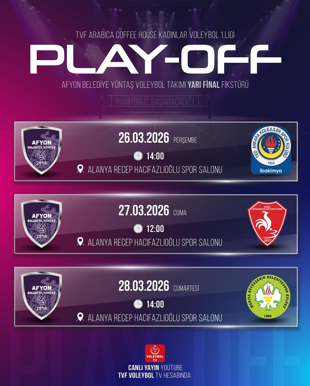 Afyon Belediye Yüntaş Voleybol Takımı Play-Off Yarı Final Fikstürü Açıklandı