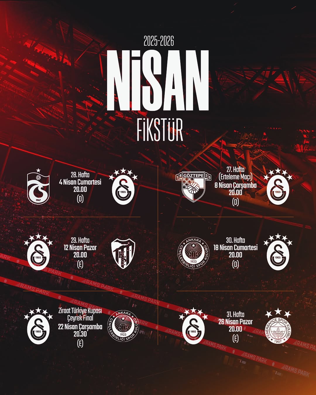 Galatasaray'ın Nisan Ayı Maç Programı Belli Oldu