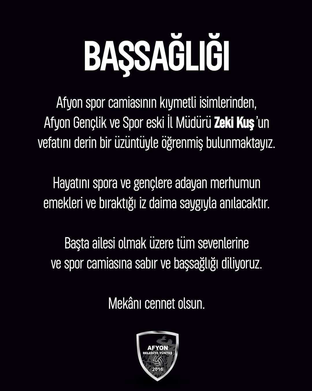 Afyon Spor Camiası Zeki Kuş İçin Başsağlığı Mesajı Yayınladı