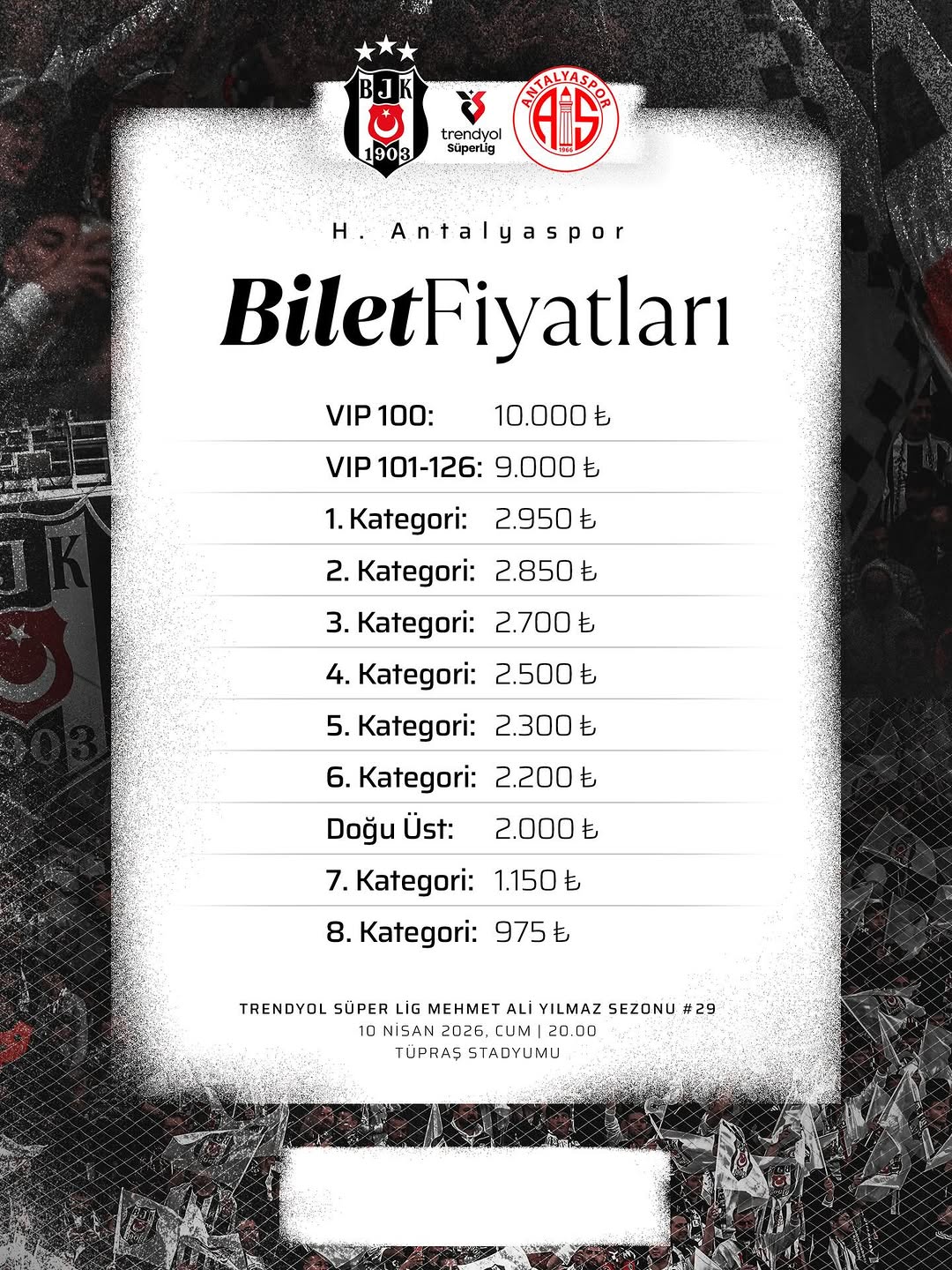 Beşiktaş, H. Antalyaspor Maçı Biletleri Satışa Çıkıyor