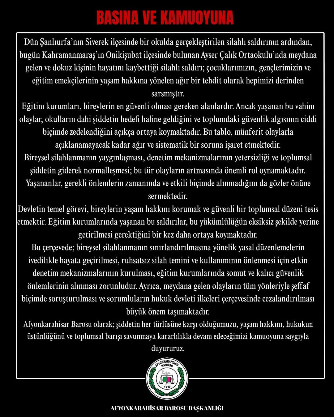 Okullarda Artan Şiddet Olaylarına Karşı Afyonkarahisar Barosu Ne Öneriyor?