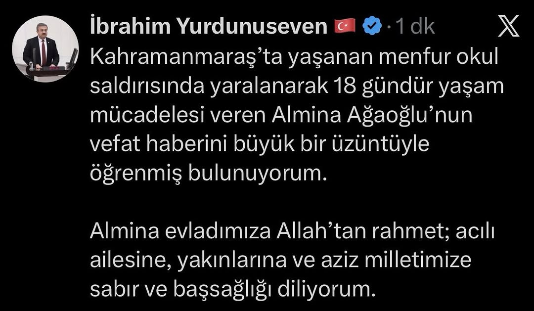 Kahramanmaraş'ta Menfur Okul Saldırısında Yaralanan Almina Ağaoğlu Vefat Etti