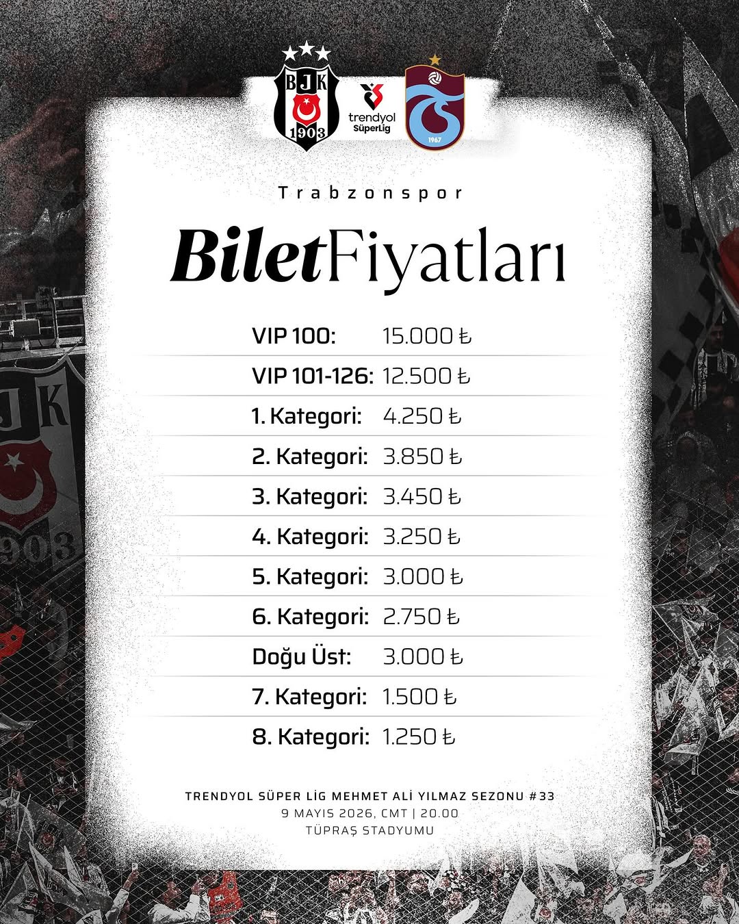 Beşiktaş - Trabzonspor Maçı Biletleri Satışta! İşte Bilet Fiyatları