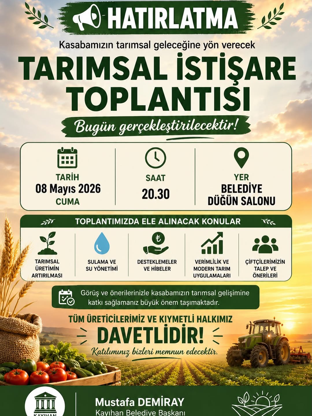 Kayıhan Belediye Başkanı Mustafa Demiray Tarımsal İstişare Toplantısı Düzenliyor