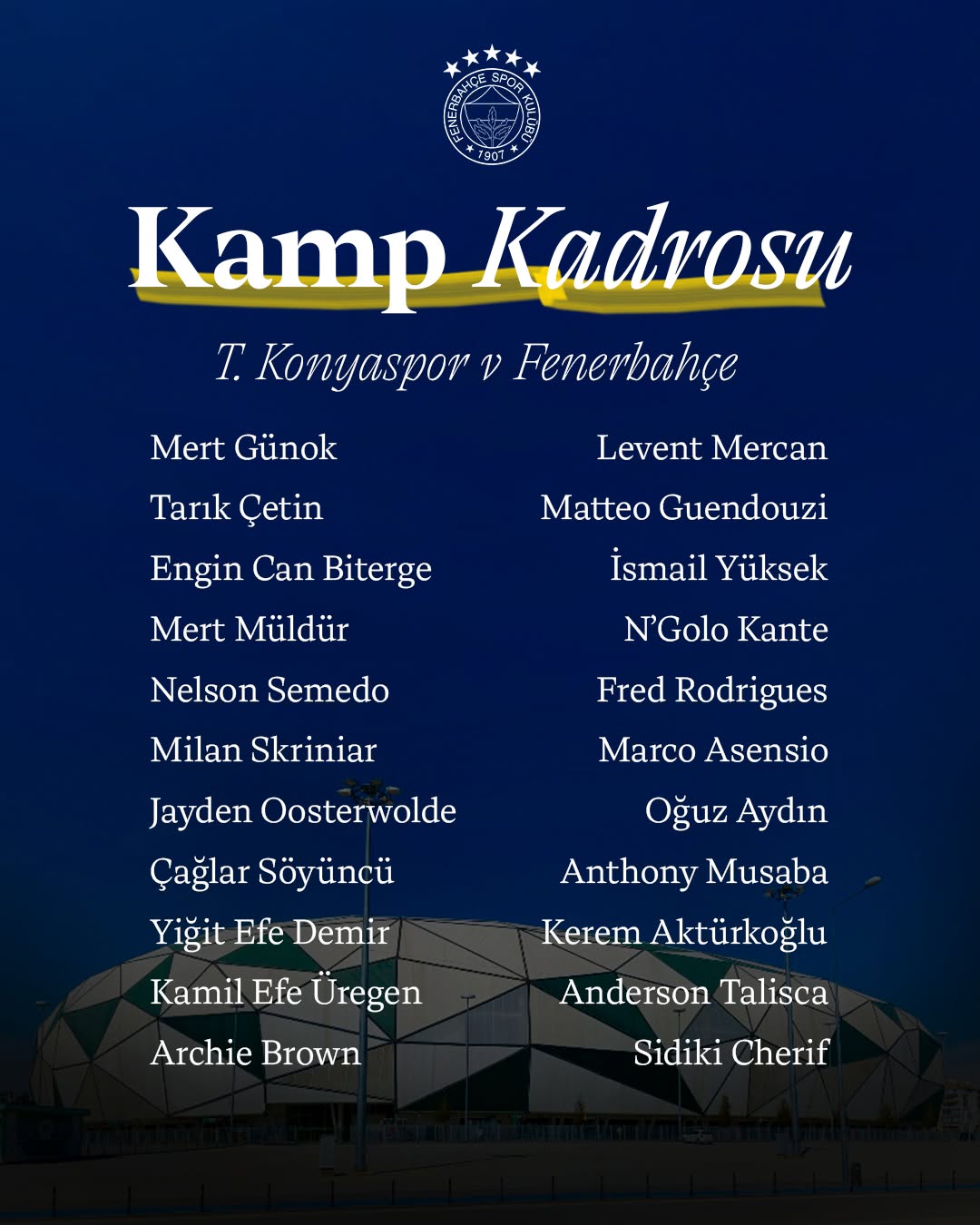 Fenerbahçe'nin T. Konyaspor Maçı Kamp Kadrosu Açıklandı