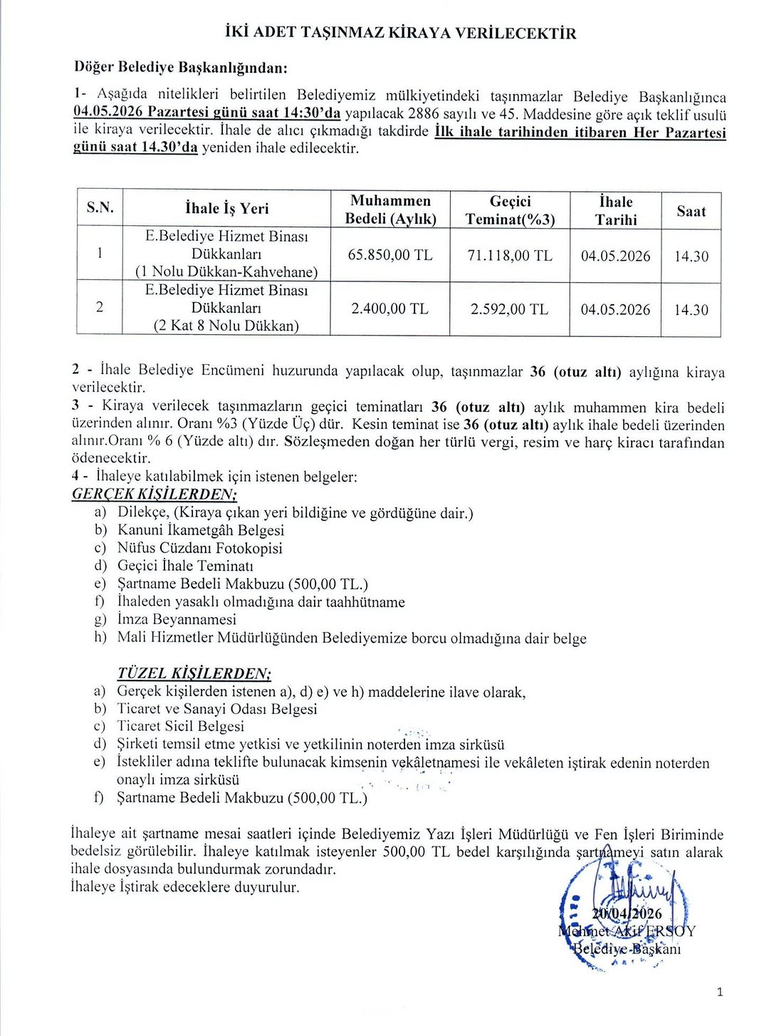 Eski Belediye Hizmet Binası ve Dükkanlarının Kiraya Verileceği İhale Duyurusu