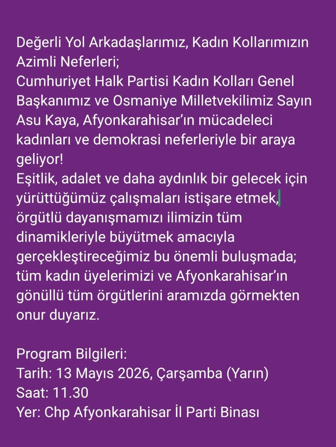 CHP Afyonkarahisar İl Kadın Kolları Başkanlığı'ndan Önemli Buluşma Duyurusu