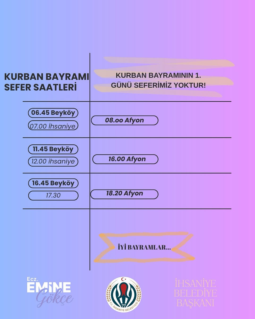 İhsaniye Belediyesi'nden Kurban Bayramı Sefer Saatleri Duyurusu