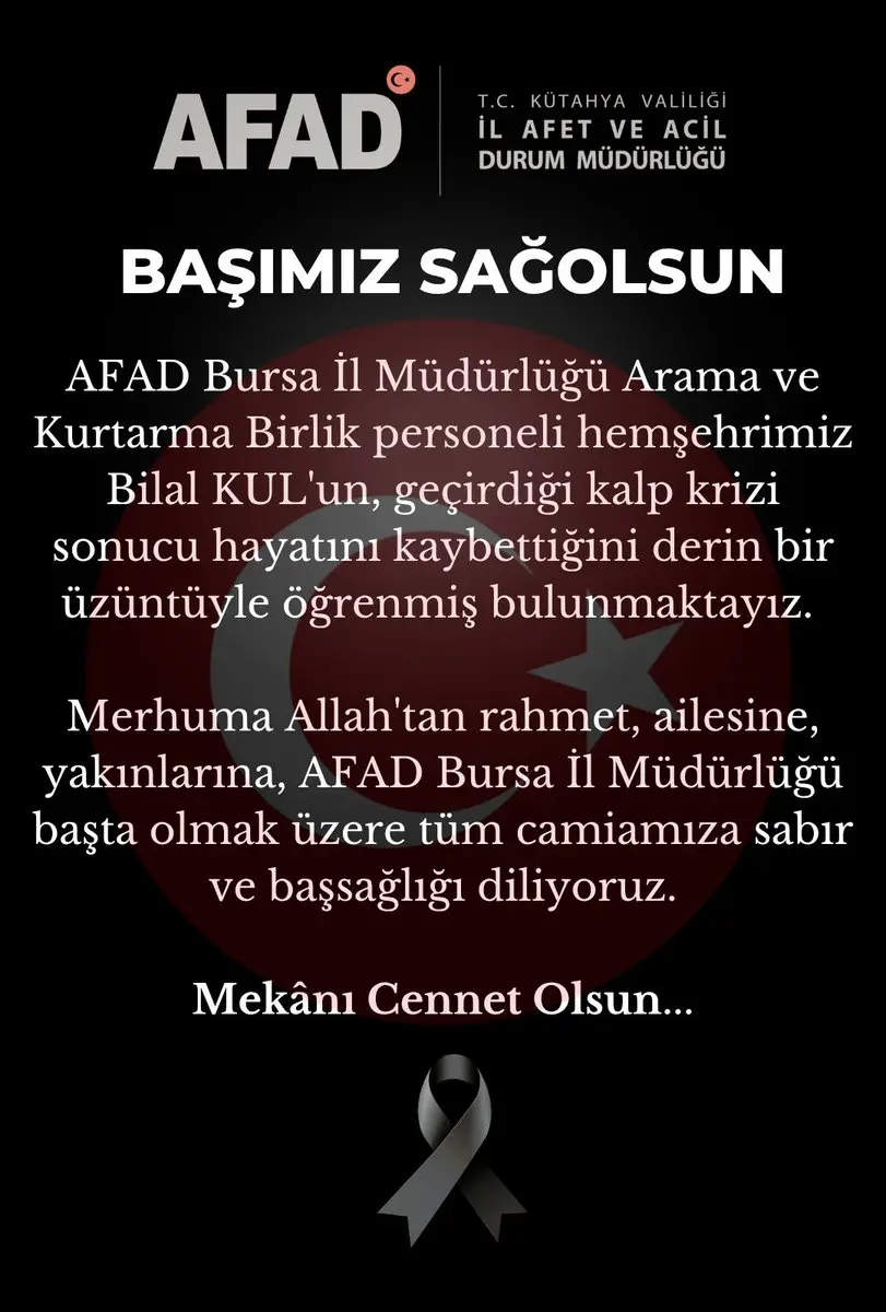 AFAD Kütahya'dan başsağlığı mesajı