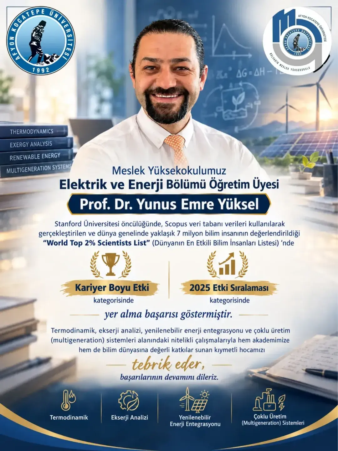 Afyon Kocatepe Üniversitesi'nden Önemli Başarı: Prof. Dr. Yunus Emre Yüksel Dünyanın En Etkili Bilim İnsanları Listesinde