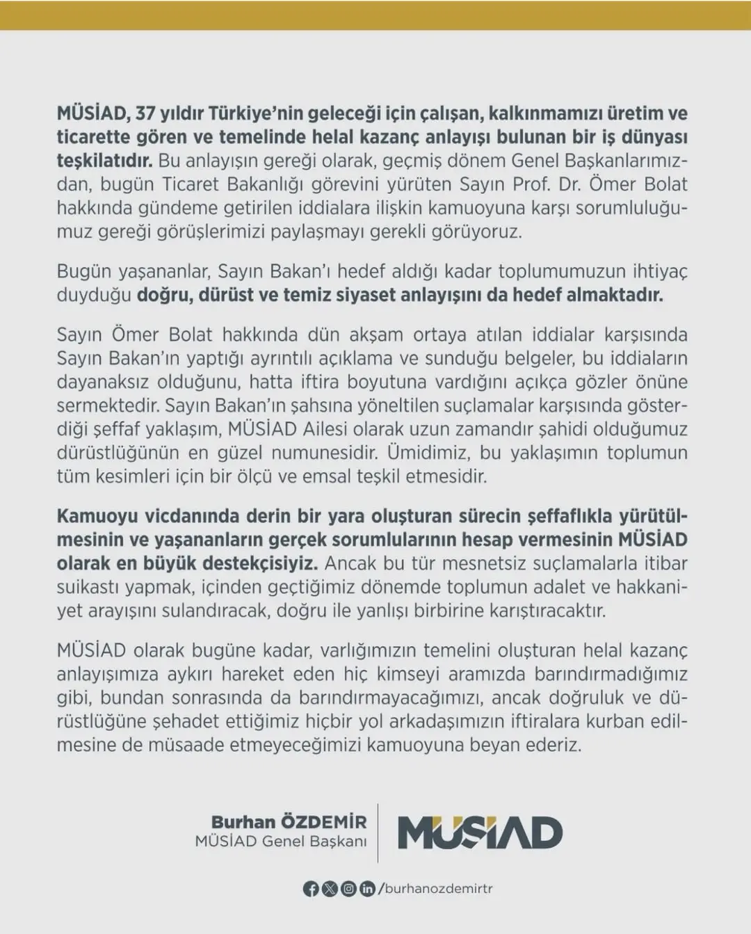 MÜSİAD Ailesinden Prof. Dr. Ömer Bolat'a Destek Açıklaması
