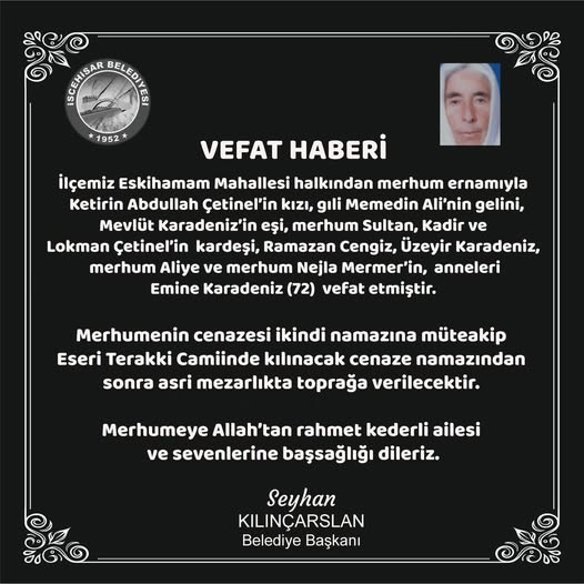 Eskihisar'da Emine Karadeniz Vefat Etti