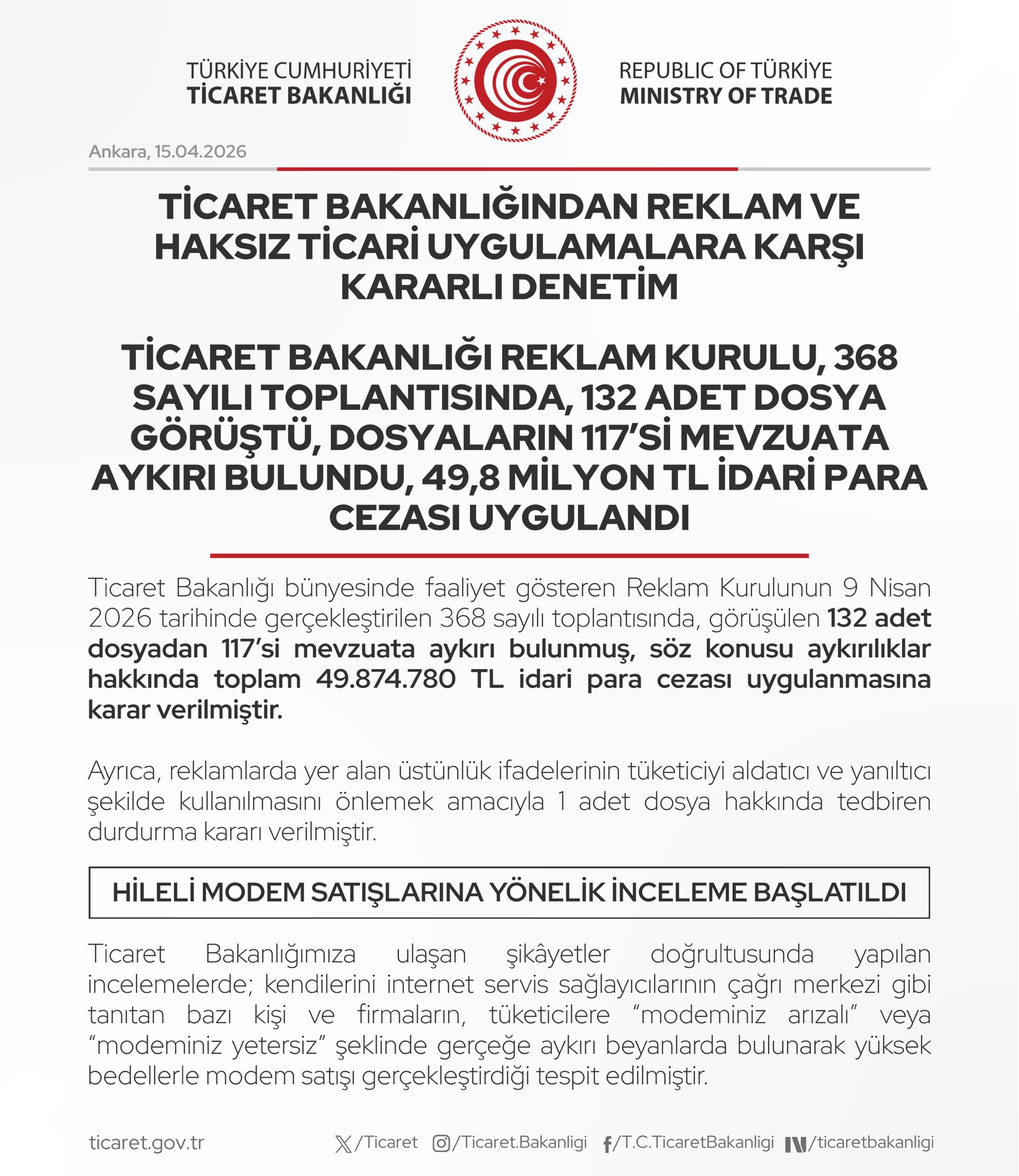 Ticaret Bakanlığı Reklam Denetiminde Cezalar Verdi