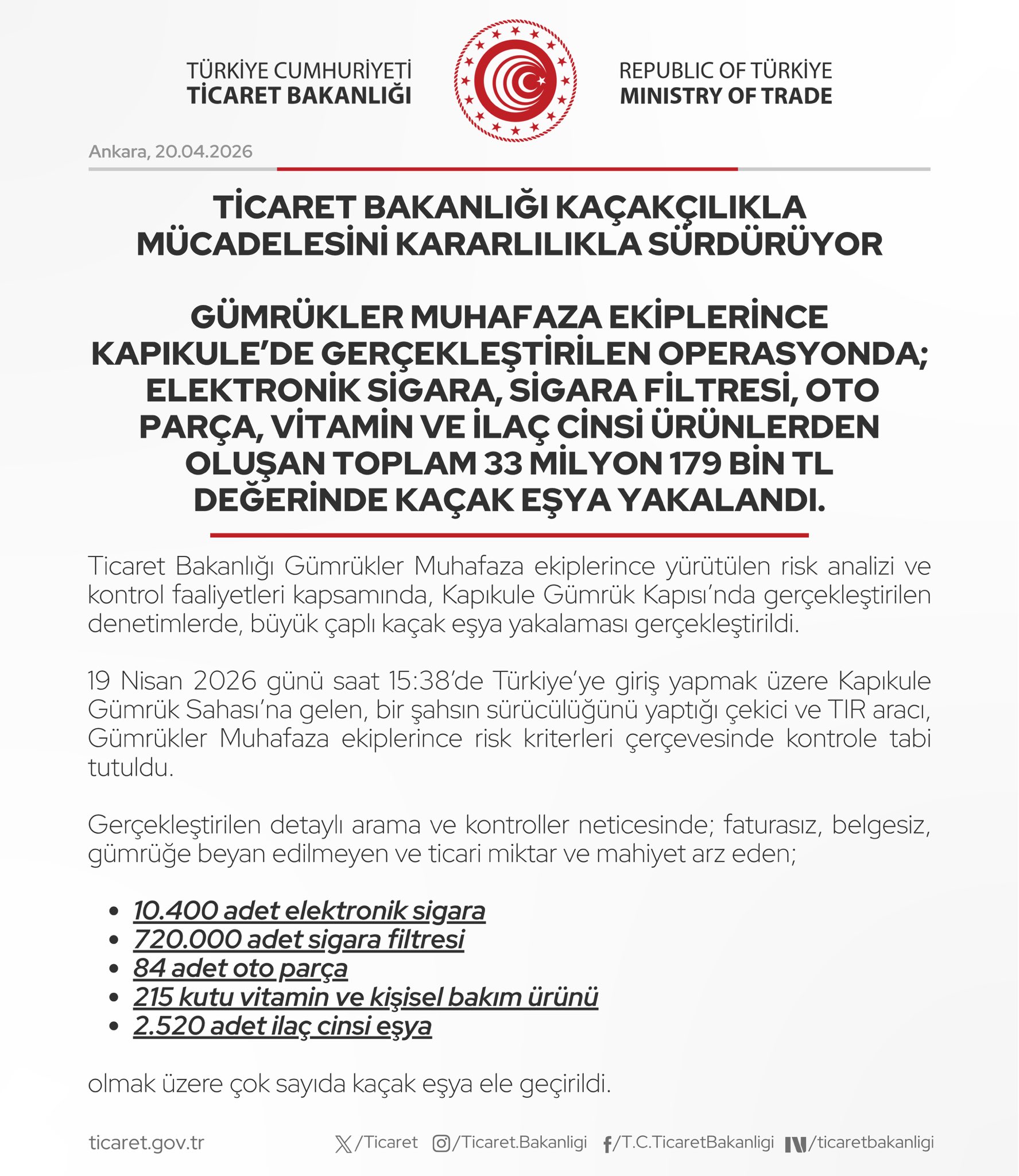 Kaçakçılıkla Mücadelede 33 Milyon TL'lik Ele Geçirme