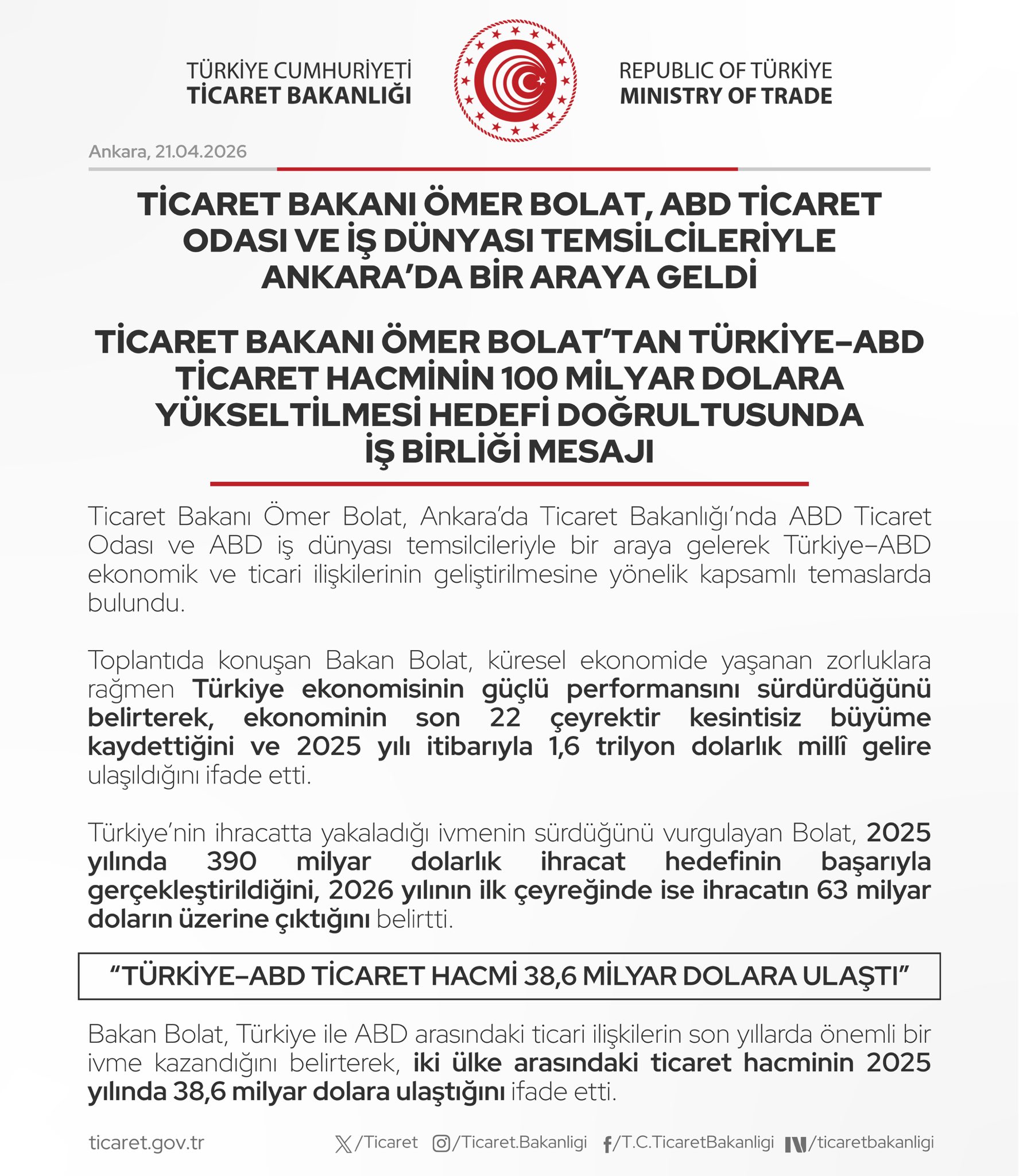 Ömer Bolat, ABD Ticaret Odası ile görüştü