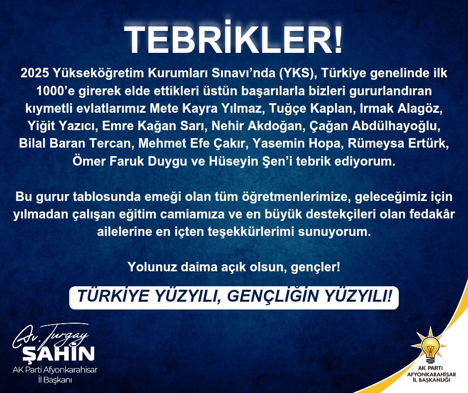 Afyonkarahisar'da YKS'de Büyük Başarı: 7 Öğrenci İlk 1000'e Girdi