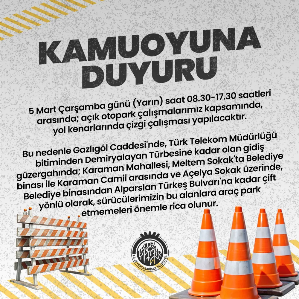 Afyonkarahisar’da Yol Çizgi Çalışmaları Nedeniyle Park Kısıtlaması